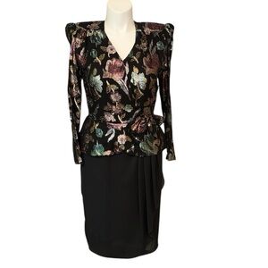 Patra Formal Metallic Floral V-Neck Peplum Dress- Vintage